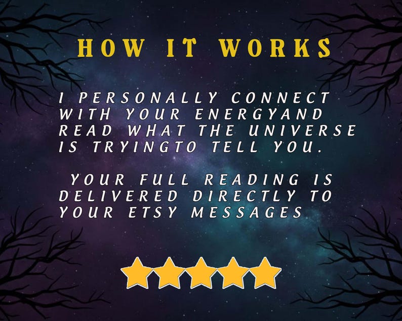 May include: Image with text: "HOW IT WORKS." Text describes a personalized service connecting with energy to provide readings, delivered via Etsy messages. Features five gold star icons against a starry background.