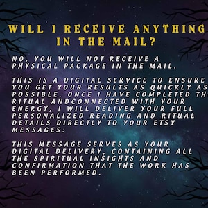 May include: A digital service announcement with gold and white text on a dark blue and purple starry background. The text asks "WILL I RECEIVE ANYTHING IN THE MAIL?" and explains the digital delivery of results.