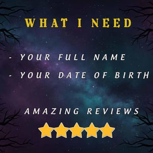 May include: A digital art print with a starry night sky background. The text reads "WHAT I NEED" in yellow, followed by "YOUR FULL NAME" and "YOUR DATE OF BIRTH" in white. Below, "AMAZING REVIEWS" is written above four gold stars.