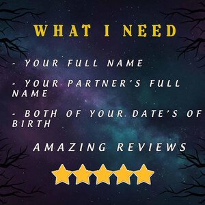 May include: A digital graphic with a starry night background and the text "WHAT I NEED". The text lists requirements: full names, partner's full name, and dates of birth. Includes "AMAZING REVIEWS" and four gold star icons.