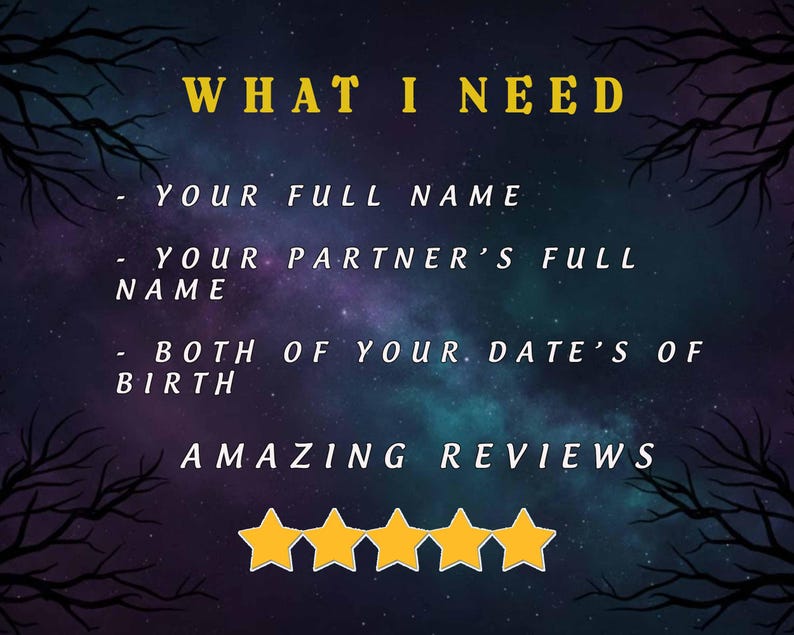 May include: A digital graphic with a starry night background and the text "WHAT I NEED". The text lists requirements: full names, partner's full name, and dates of birth. Includes "AMAZING REVIEWS" and four gold star icons.