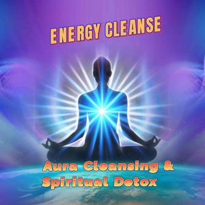 May include: A digital image showing a meditating silhouette with a bright blue aura. The text reads "ENERGY CLEANSE" and "Aura Cleansing & Spiritual Detox" in orange and yellow against a purple and blue backdrop, evoking a sense of spiritual well-being.