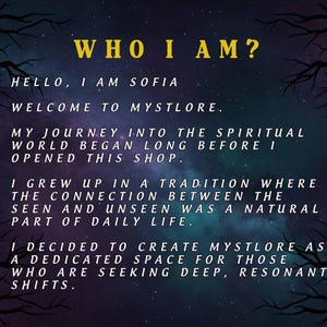 May include: A digital graphic with a starry night sky background and tree branch silhouettes. Text in yellow reads "WHO I AM?" followed by a description of the shop and its purpose, including the name "MYSTLORE".