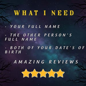 May include: A digital graphic with a starry night sky background and the text "WHAT I NEED". The text lists requirements: full names, dates of birth, and "AMAZING REVIEWS". Gold stars are at the bottom.