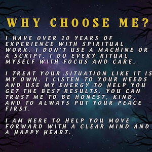 Puede incluir: Imagen de arte digital con un fondo de galaxia azul oscuro y p&uacute;rpura. El texto "WHY CHOOSE ME?" est&aacute; en amarillo. El texto a continuaci&oacute;n describe la experiencia con el trabajo espiritual, el enfoque, el cuidado y la ayuda a los dem&aacute;s.