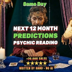 May include: A person wearing a decorative headpiece and a dark red long-sleeved top sits at a blue table with tarot cards. Text overlays read Same Day, NEXT 12 MONTH PREDICTIONS PSYCHIC READING, +20.000 SALES, five stars, and WRITTEN BY HAND - NO AI.
