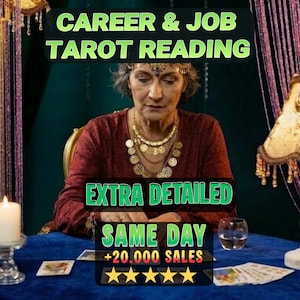 May include: A person in a dark red long-sleeved shirt wearing a gold coin necklace and headpiece, sitting at a blue table with tarot cards. Text reads: CAREER & JOB TAROT READING, EXTRA DETAILED, SAME DAY, +20.000 SALES, and five yellow stars.