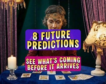 May include: A woman with a jeweled headpiece sits at a blue table with tarot cards. The image features text that reads "8 Future Predictions" and "See What's Coming Before It Arrives". A lit candle and a decorative lamp are also visible.