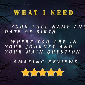 May include: A digital graphic with a starry night sky background. The text "WHAT I NEED" is in yellow, followed by a list: full name, date of birth, current journey, and main question. Four gold stars are at the bottom.