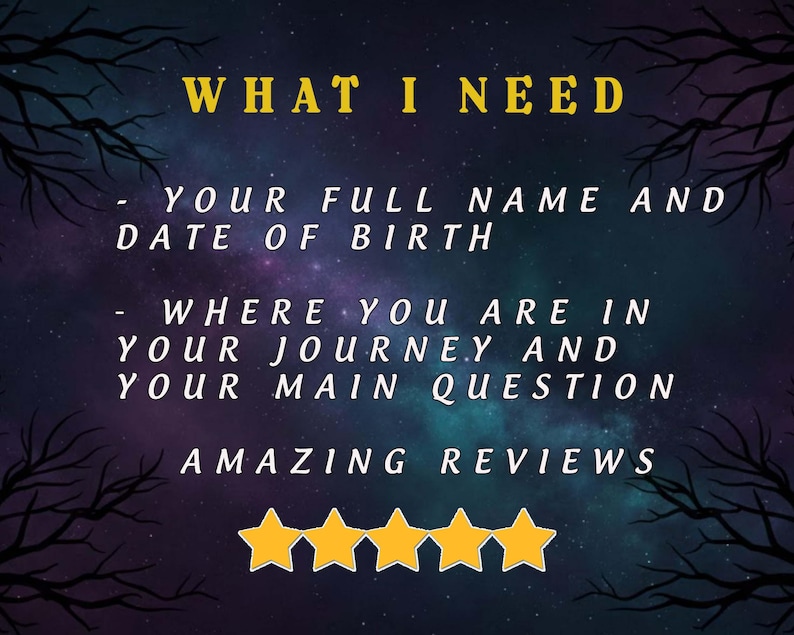 May include: A digital graphic with a starry night sky background. The text "WHAT I NEED" is in yellow, followed by a list: full name, date of birth, current journey, and main question. Four gold stars are at the bottom.