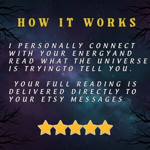 May include: Image with text: "HOW IT WORKS" followed by descriptive text about connecting with energy and delivering readings via Etsy messages. Includes five gold star icons against a starry background.