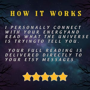 Puede incluir: Imagen con texto: "HOW IT WORKS" y texto descriptivo sobre lecturas de energ&iacute;a entregadas a trav&eacute;s de mensajes de Etsy. Incluye cinco iconos de estrellas doradas sobre un fondo estrellado.