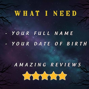 Puede incluir: Gr&aacute;fico digital con fondo de cielo estrellado. El texto dice "WHAT I NEED" en amarillo, seguido de "- YOUR FULL NAME" y "- YOUR DATE OF BIRTH" en blanco. Debajo, est&aacute; escrito "AMAZING REVIEWS", con cuatro estrellas doradas.