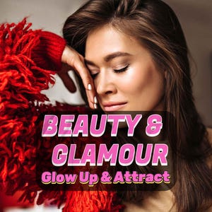 May include: A person with long brown hair wearing a bright red textured sweater. The image features the text BEAUTY & GLAMOUR and Glow Up & Attract in pink and white lettering centered over the person's shoulder and chest area.