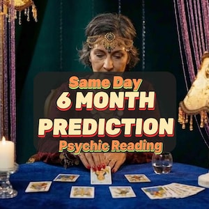 May include: A woman with a jeweled headband sits at a blue table, surrounded by tarot cards and candles. The image features text that reads "Same Day 6 Month Prediction Psychic Reading."