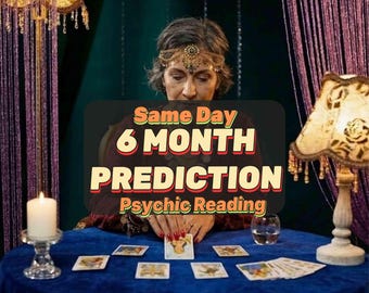 May include: A woman with a jeweled headband sits at a blue table, surrounded by tarot cards and candles. The image features text that reads "Same Day 6 Month Prediction Psychic Reading."