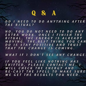May include: A digital graphic with a starry night background and tree branch silhouettes. The text reads "Q & A" in yellow, followed by questions and answers about a ritual, including what to do after and what if no change is seen.
