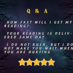 May include: A digital graphic with a starry night sky background and tree branch silhouettes. The text reads "Q & A" in yellow, followed by questions and answers about readings, including "Your reading is delivered same day."