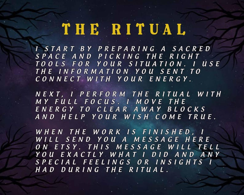 Puede incluir: Imagen digital con un fondo estrellado azul oscuro y p&uacute;rpura. El texto "THE RITUAL" est&aacute; en amarillo. El texto describe el proceso de preparaci&oacute;n de un espacio sagrado, la realizaci&oacute;n de un ritual y el env&iacute;o de un mensaje en Etsy.
