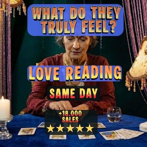 May include: A person in a red long-sleeved shirt sits at a blue table with tarot cards, a white candle, and a lamp. Text overlays read: WHAT DO THEY TRULY FEEL?, LOVE READING, SAME DAY, +18.000 SALES, and five yellow stars representing a rating.