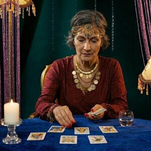 Puede incluir: Una mujer con un vestido burdeos y joyas doradas lee cartas del tarot en una mesa azul. Una vela encendida y una l&aacute;mpara decorativa con un dise&ntilde;o floral est&aacute;n sobre la mesa. El fondo incluye una cortina de cuentas moradas y una pared verde oscuro.