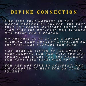 May include: A digital art print with a dark blue and purple galaxy background. The text "DIVINE CONNECTION" is in yellow at the top. The text below describes spiritual guidance and support, with tree branch silhouettes in the corners.
