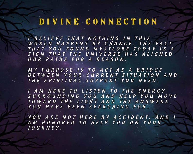 May include: A digital art print with a dark blue and purple galaxy background. The text "DIVINE CONNECTION" is in yellow at the top. The text below describes spiritual guidance and support, with tree branch silhouettes in the corners.