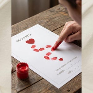 Puede incluir: Una hoja de papel blanca con las palabras "OUR PATH" y un diseño de corazón rojo. Huellas dactilares rojas crean un camino de corazones. Se ve un pequeño tarro de pintura roja.