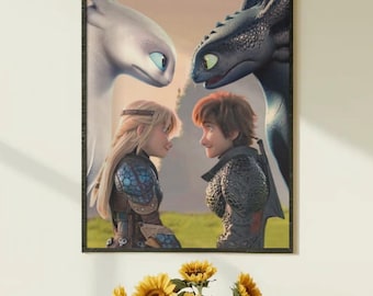 Jak wytresować smoka – plakat z filmu Szczerbatek i Jasna Furia, dekoracja ścienna z Czkawką i Astrid, prezent dla fanów HTTYD