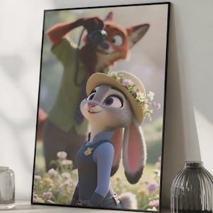 Może przedstawiać: Oprawiony wydruk z Judy Hopps z Zootopii, w mundurze policjantki i kapeluszu w kwiaty. Z tyłu widać lisa trzymającego aparat. Dzieło osadzone jest w polu kwiat&oacute;w.