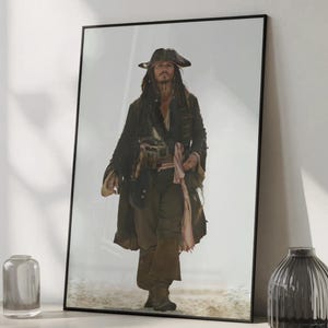May include: Framed print featuring a full-length image of a character in pirate attire. The character is wearing a tricorn hat, long coat, and boots, with a weathered appearance. The background is a sandy beach, and the print is in a black frame.