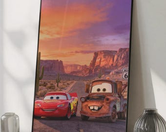 Lightning McQueen & Mater Poster - Disney Cars Movie Art Print, Radiator Springs Decor