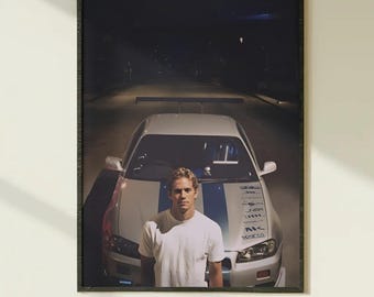 Brian O'Conner Skyline Poster -Paul Walker Art Print, Silver Nissan Skyline R34 Wall Decor, JDM Legend Illustration, Fast and Furious Poster