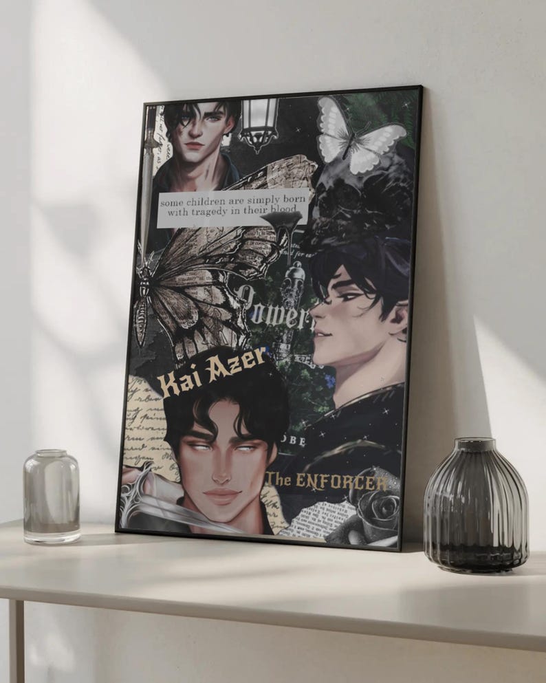 May include: A framed art print featuring a collage of illustrations and text. The artwork includes images of a man, butterflies, and the words "Kai Azer" and "The Enforcer." The quote "some children are simply born with tragedy in their blood" is also visible.
