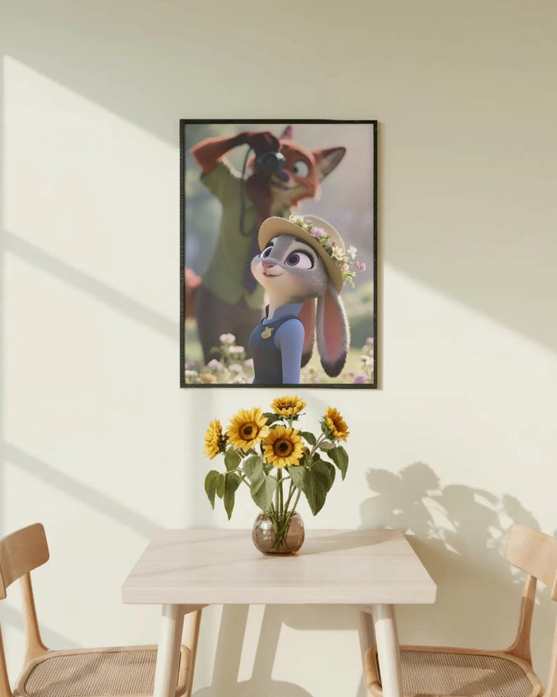 Może przedstawiać: Oprawiony wydruk z postaciami Judy Hopps i Nickiem Wilde z filmu Zwierzogr&oacute;d. Wisi nad stołem z wazonem słonecznik&oacute;w. St&oacute;ł jest otoczony dwoma drewnianymi krzesłami. Pok&oacute;j ma neutralną kolorystykę.