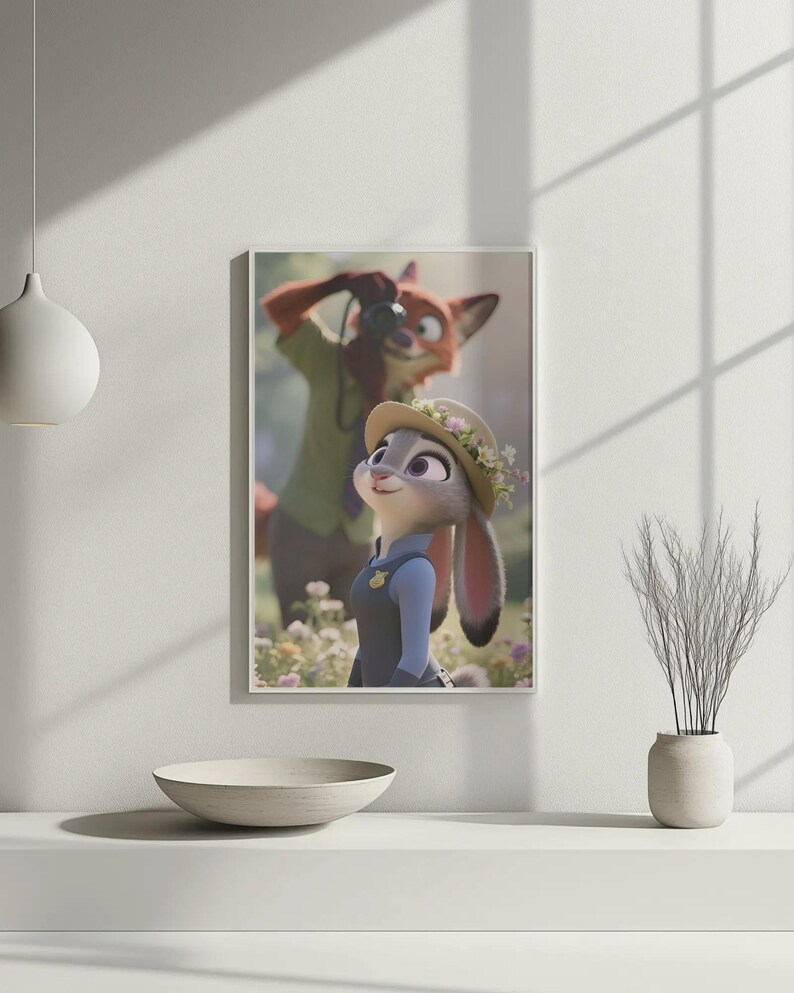 Może przedstawiać: Oprawiony wydruk artystyczny z Judy Hopps z Zootopii, w kapeluszu z kwiatami, i Nickiem Wilde robiącym zdjęcie. Grafika osadzona jest w polu kwiat&oacute;w, z ciepłą paletą barw. Wydruk jest wyświetlany na białej ścianie.