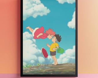 Plakat filmowy „Ponyo na klifie” – Studio Ghibli, dekoracja ścienna z Sousuke i Ponyo, estetyczny prezent dla fana anime