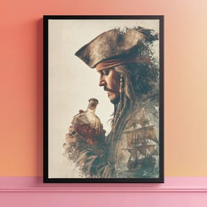 May include: Framed art print featuring a portrait of a pirate holding a bottle. The artwork has a vintage aesthetic, with a ship in the background. The pirate is wearing a hat and has long hair. The color palette includes browns, tans, and blues.