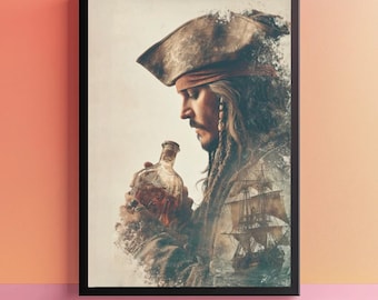 Plakat z Kapitanem Jackiem Sparrowem – Piraci z Karaibów, estetyczna dekoracja ścienna w stylu marynistycznym, wydruk z filmu przygodowego w stylu vintage