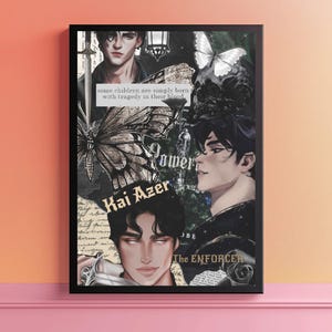 May include: Black framed art print featuring illustrations of male figures, butterflies, and text. The text includes "some children are simply born with tragedy in their blood", "Kai Azer", and "The ENFORCER". The artwork has a collage style with a dark, gothic aesthetic.