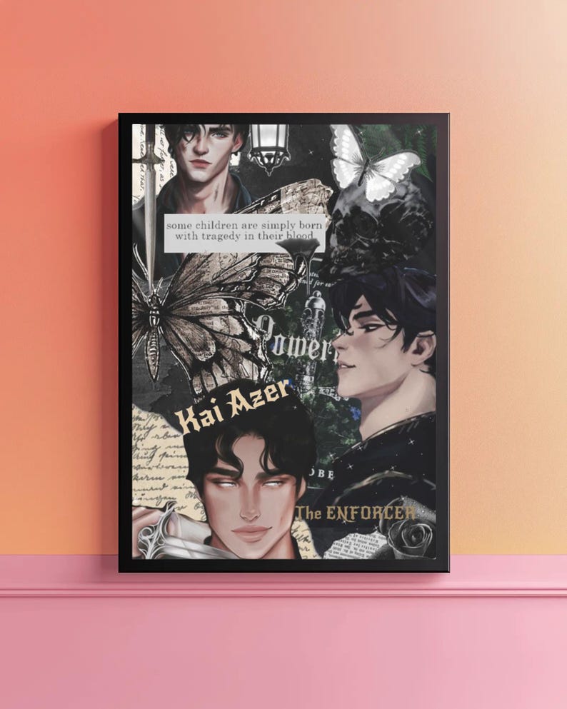 May include: Black framed art print featuring illustrations of male figures, butterflies, and text. The text includes "some children are simply born with tragedy in their blood", "Kai Azer", and "The ENFORCER". The artwork has a collage style with a dark, gothic aesthetic.