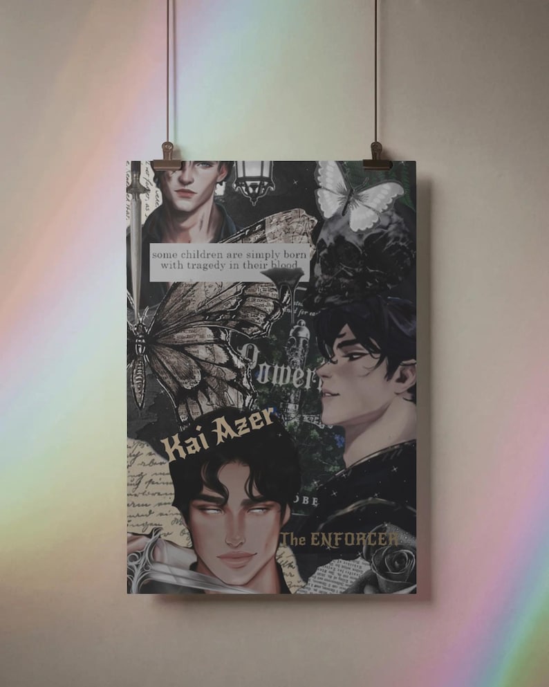 May include: A poster featuring illustrations of male figures, butterflies, and text. The text includes "some children are simply born with tragedy in their blood", "Kai Azer", and "The ENFORCER". The color palette is primarily black, white, and gray.