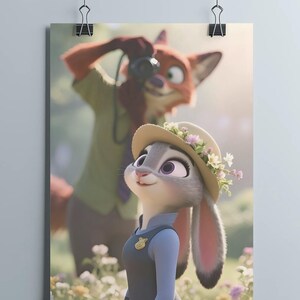 Może przedstawiać: Plakat z Judy Hopps i Nickiem Wilde z Zwierzogrodu. Judy, szary kr&oacute;lik, nosi kapelusz z kwiatami i mundur policjanta. Nick, lis, jest w tle, trzymając aparat. Scena rozgrywa się na zewnątrz z kwiatami.