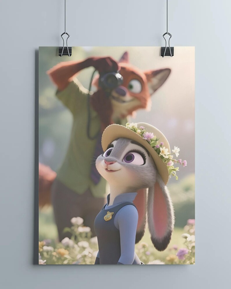 Może przedstawiać: Plakat z Judy Hopps i Nickiem Wilde z Zwierzogrodu. Judy, szary kr&oacute;lik, nosi kapelusz z kwiatami i mundur policjanta. Nick, lis, jest w tle, trzymając aparat. Scena rozgrywa się na zewnątrz z kwiatami.