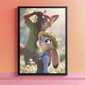 Może przedstawiać: Oprawiona grafika przedstawiająca Judy Hopps z Zootopii, w kapeluszu z kwiatami, a w tle lisa robiącego zdjęcie. Grafika osadzona jest na polu kwiat&oacute;w, z czarną ramą.