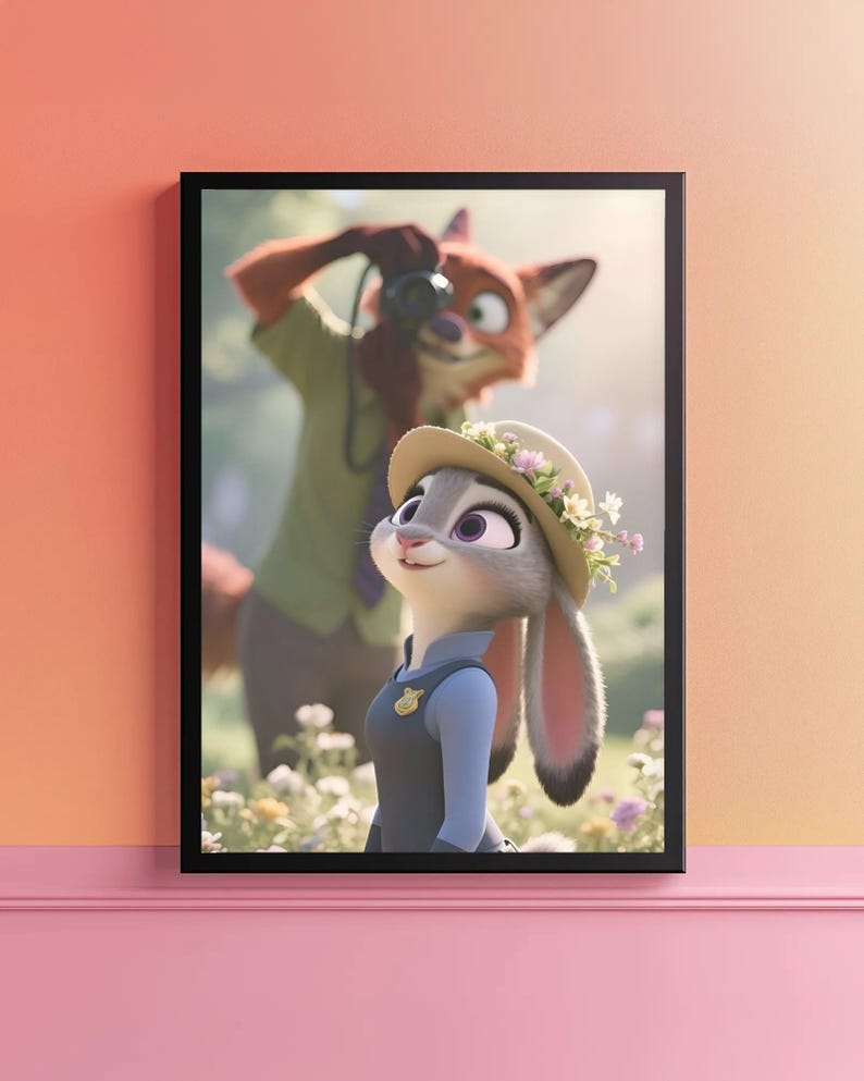 Może przedstawiać: Oprawiona grafika przedstawiająca Judy Hopps z Zootopii, w kapeluszu z kwiatami, a w tle lisa robiącego zdjęcie. Grafika osadzona jest na polu kwiat&oacute;w, z czarną ramą.