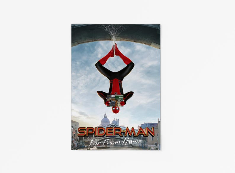 May include: Poster for the movie "Spider-Man: Far From Home." The image shows Spider-Man upside down, with a cityscape in the background. The title is in large, gold letters. The sky is blue with clouds.