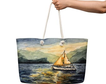 Wales Sailboat at sunset watercolor Oversized beach bag, by Kathryn Wilson