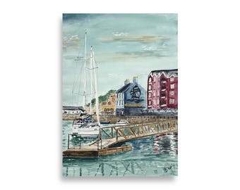 Irish Marina Watercolor Print: Dungarvan Harbor Sailboats, Coastal Pubs Wall Art