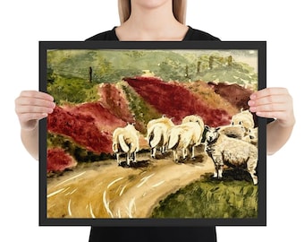 Highland Sheep Giclee Framed poster- Scottish Heather Landscape Watercolor Art